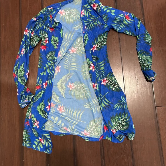 Blue Tropical Floral Sheer Swim Cover-Up | One Size | Beach Vacation - Picture 2 of 2